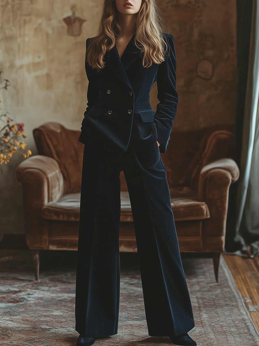 【24 hour shipping out】Retro Fashion Lapel Corduroy Double breasted Blazer Wide leg Pants Two piece Set