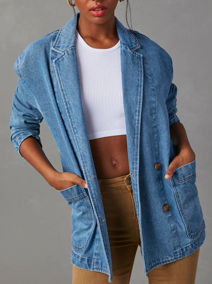 Fashion Casual Washed Blue Denim Suit Jacket