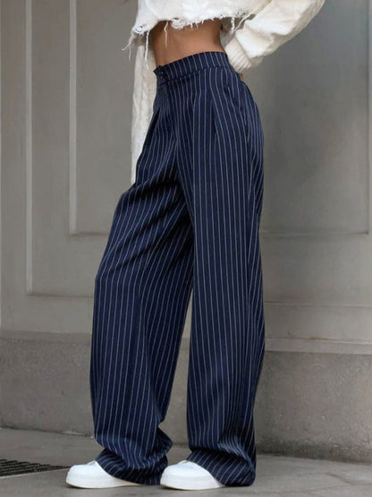 Fashion Casual High Waist Striped Navy Blue Wide Leg Pants