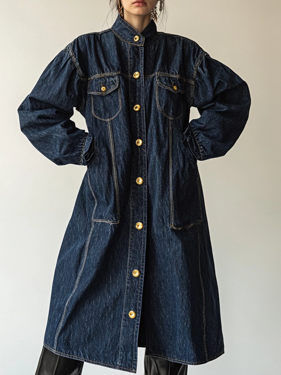 Retro Fashion Stand Collar Gold Button Large Pocket Long Denim Shirt Dress