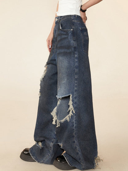 Retro Fashion Ripped Wide-leg Street Jeans