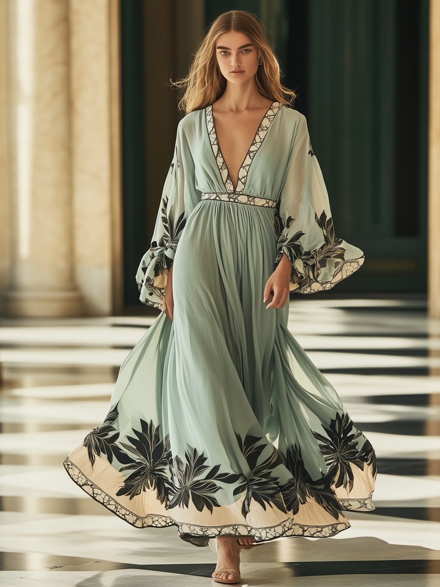 Flowy Light Green Floral Print Trumpet Sleeve Maxi Dress