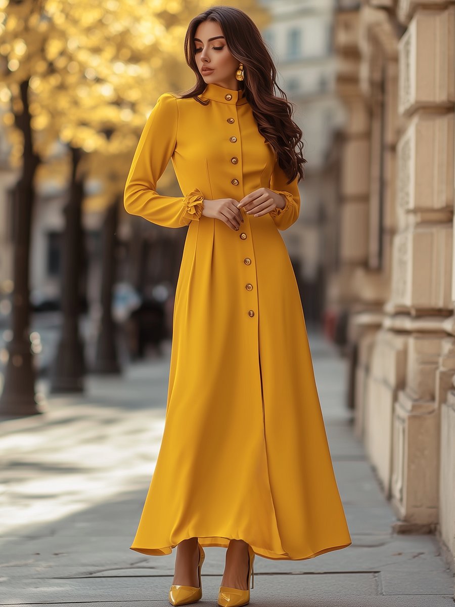 Stylish Elegant Stand Collar Gold Button Long Sleeve Maxi Dress