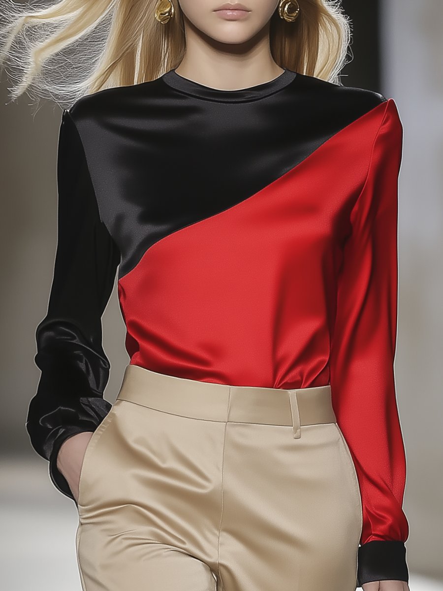 Elegant and Simple Round Neck Black and Red Diagonal Contrast T-shirt