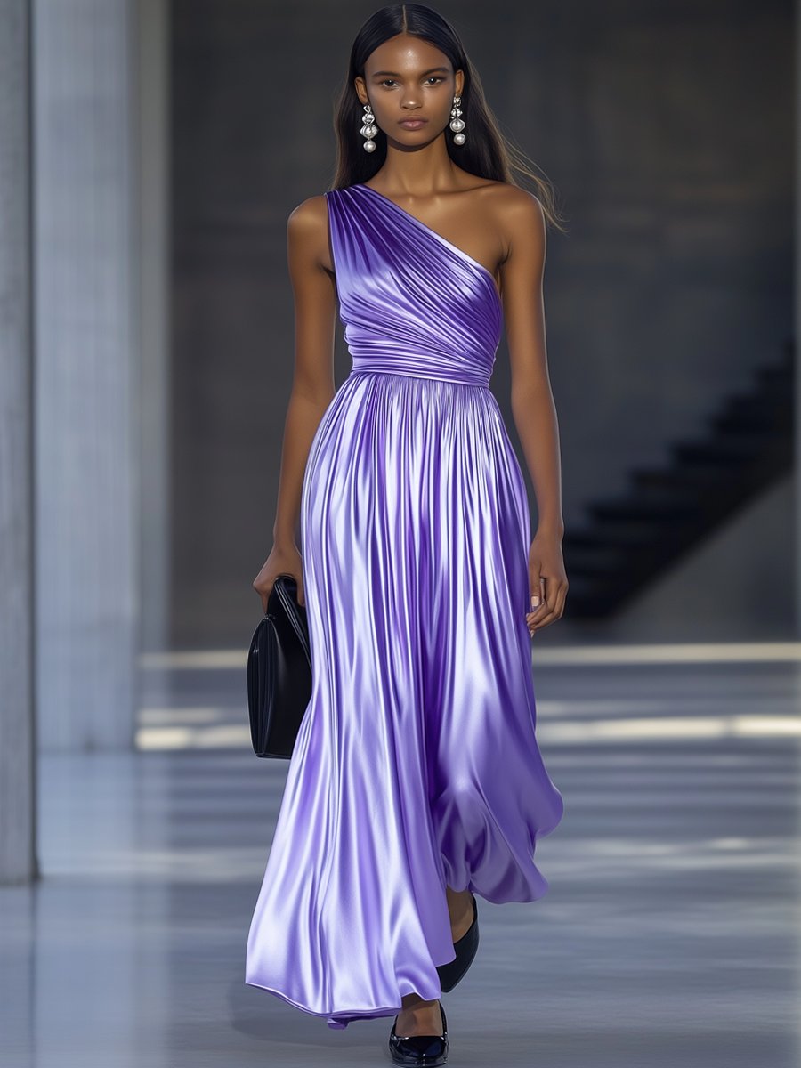 Timeless Elegance: Purple One Shoulder Full Skirt Shiny Satin Maxi Dress