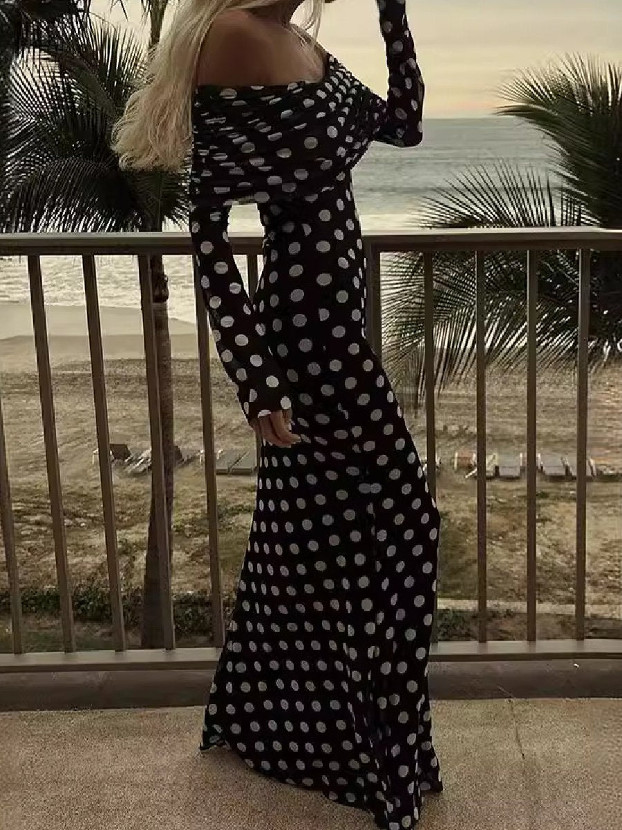 Romantic Mesh Polka Dot Slim Fit Long Sleeve Maxi Dress