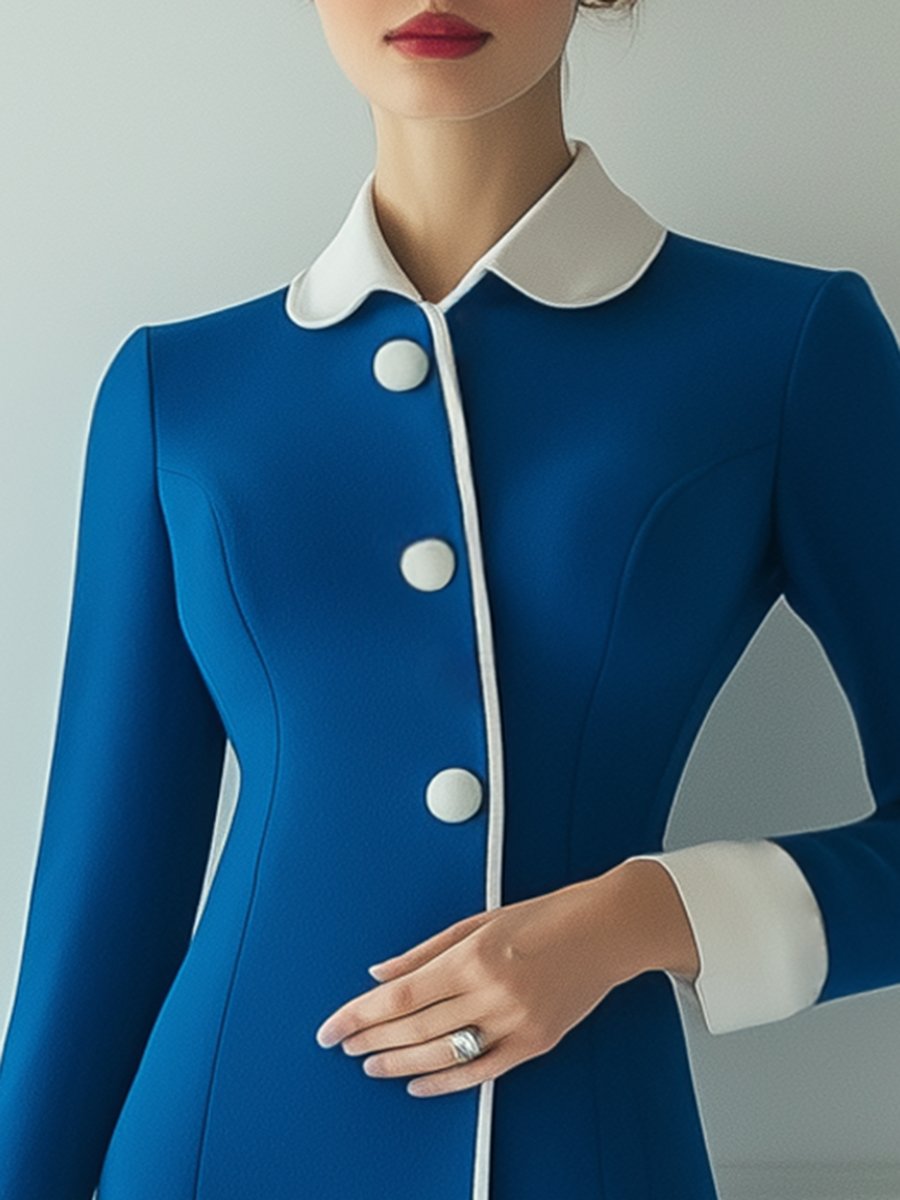 Fashion Contrast Trim Lapel Long Sleeve Midi Dress