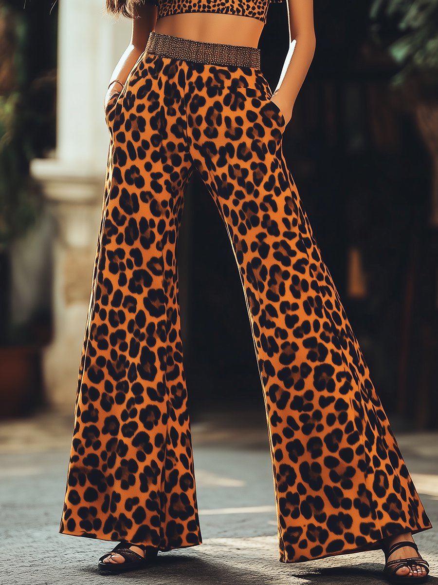 Fashion Retro Leopard Print Casual Stitching Wide-leg Pants