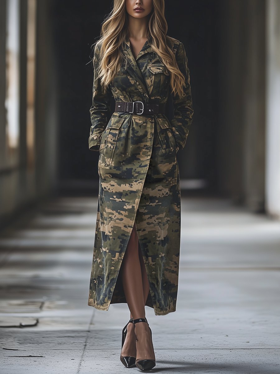 Retro Fashion Loose Multi-pocket Lapel Camouflage Long Coat