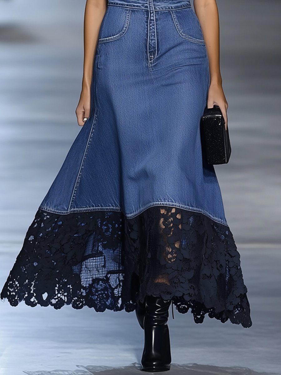 Elegant Denim Lace Maxi Dress