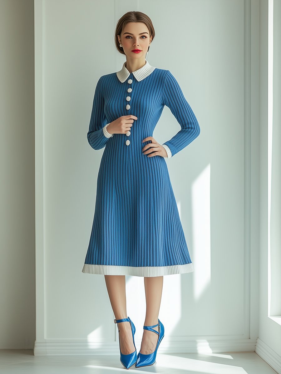 Casual Lapel Button Knit Midi Dress