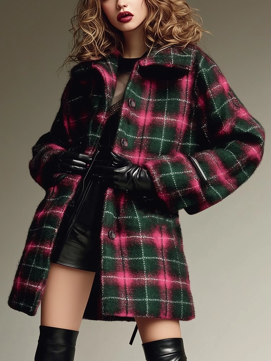 Retro Fashion Casual Lapel Single Breasted Pocket Plaid Coat