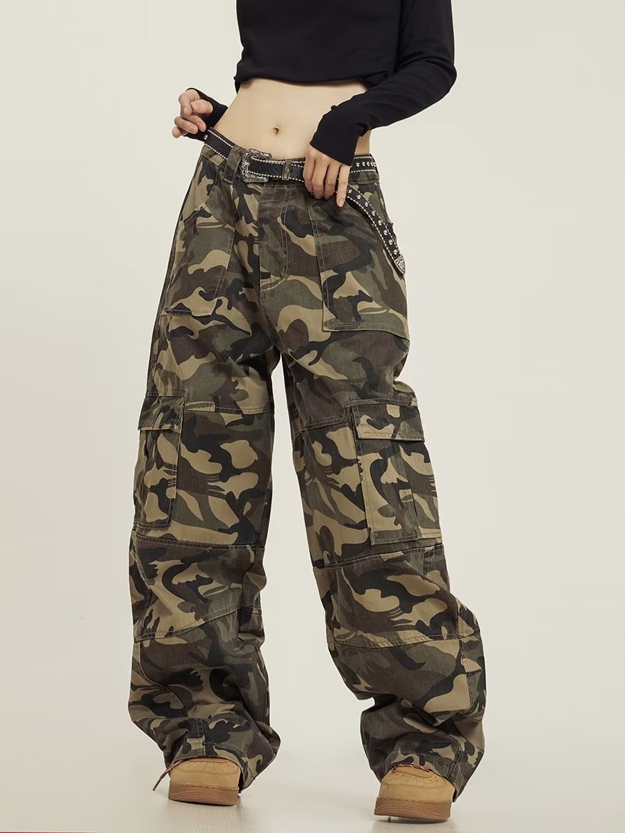 Camouflage Workwear Autumn Loose High Waist Casual Street Pants