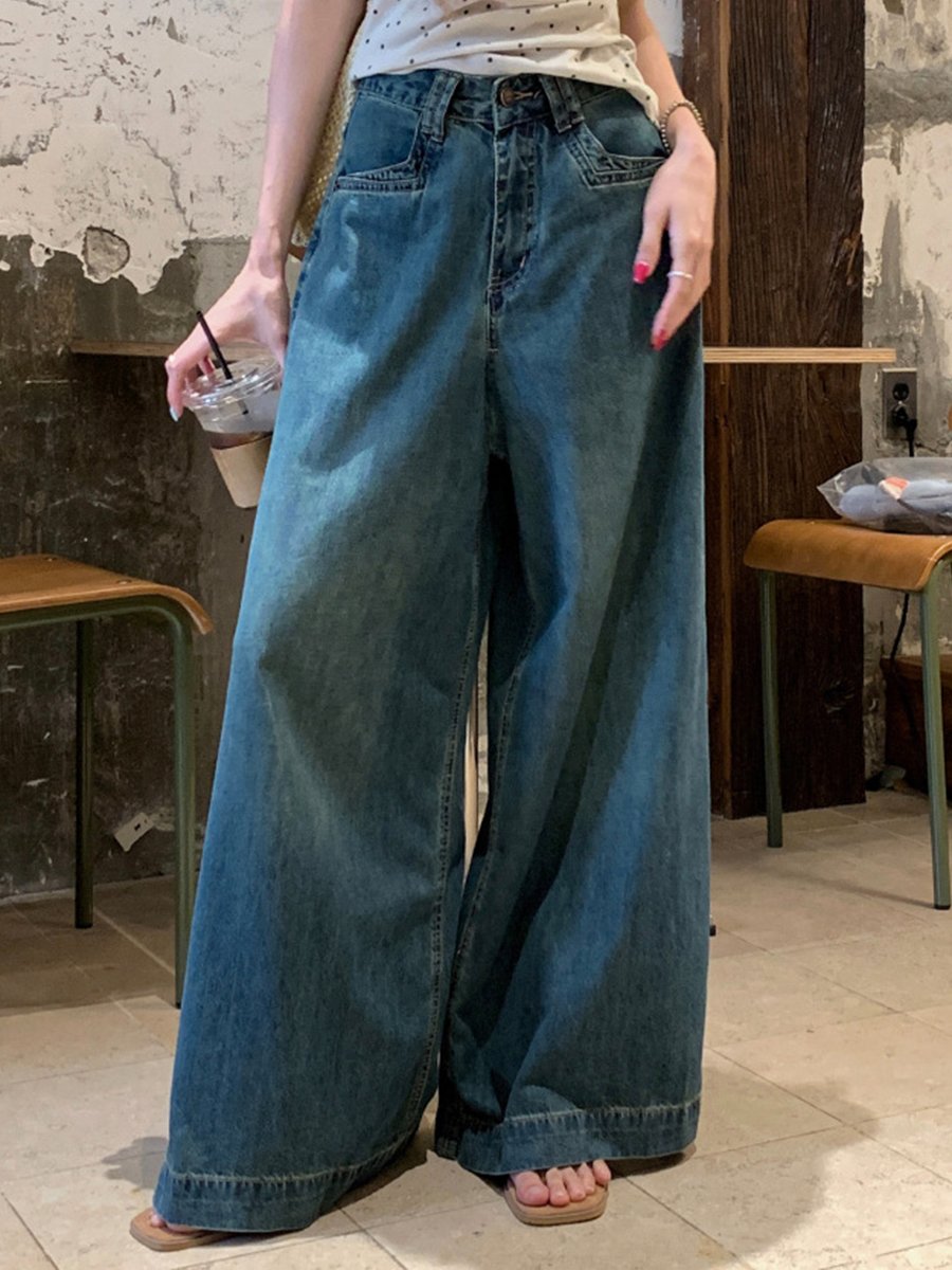 Fashion Retro Washed Wide-leg Loose Versatile Mopping Jeans