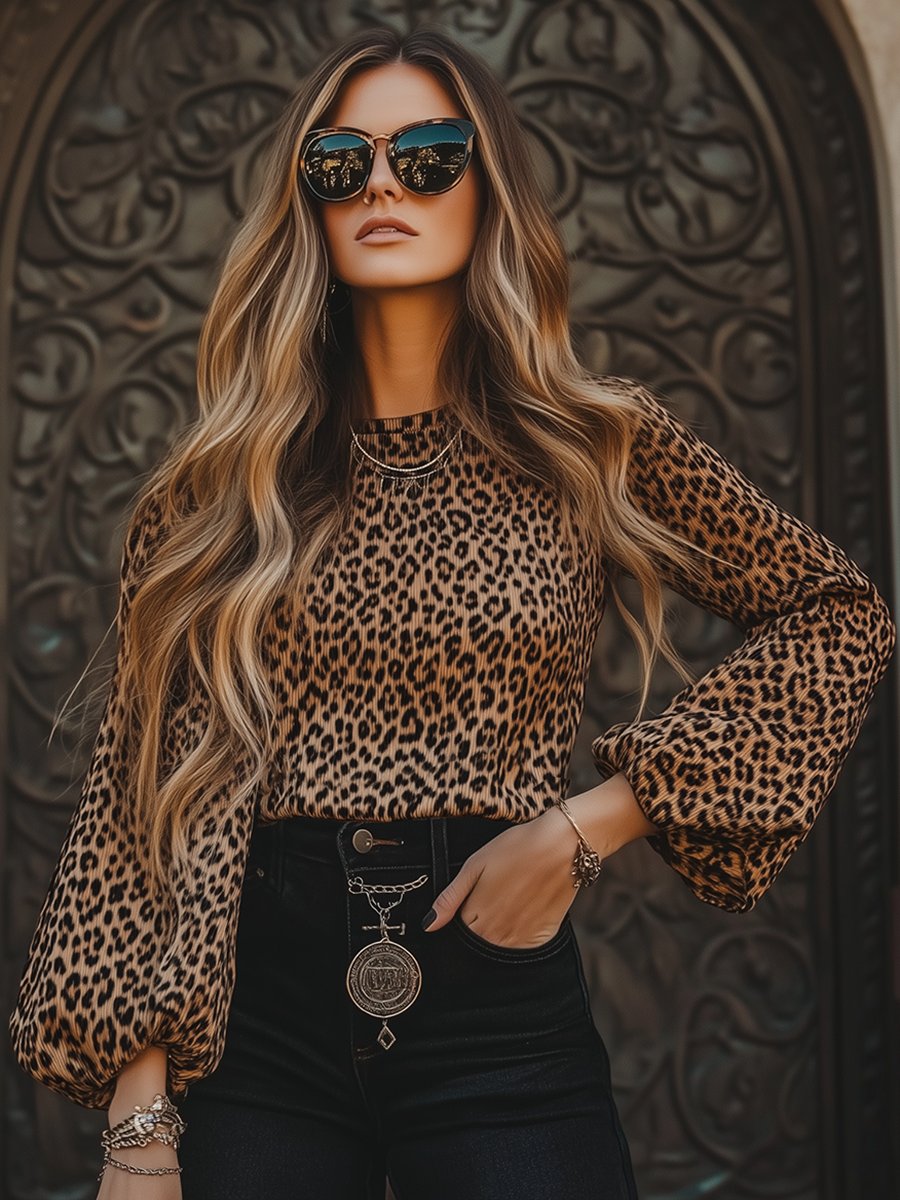 Retro Fashion Round Neck Puff Sleeve Leopard Print Blouse