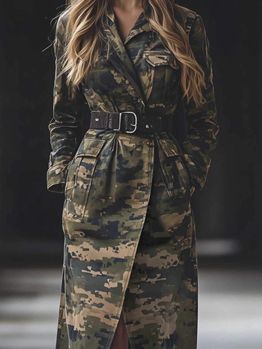 Retro Fashion Loose Multi-pocket Lapel Camouflage Long Coat