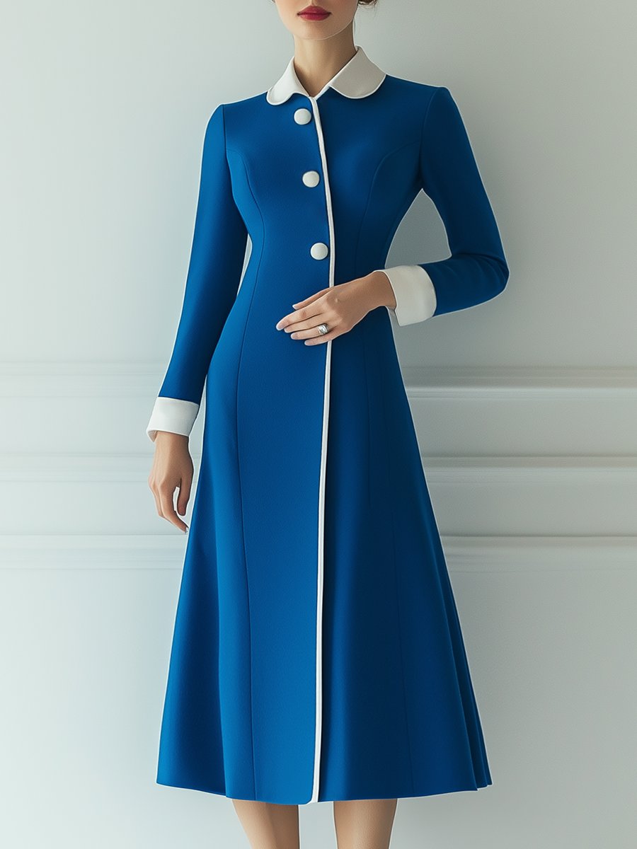 Fashion Contrast Trim Lapel Long Sleeve Midi Dress