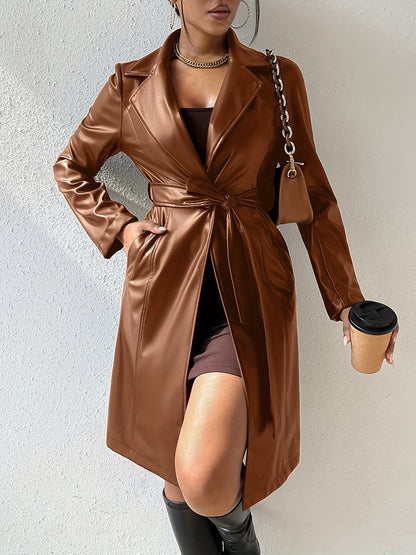 Fashion Street Long-sleeved Slim Fit Mid-length Leather Trench Coat