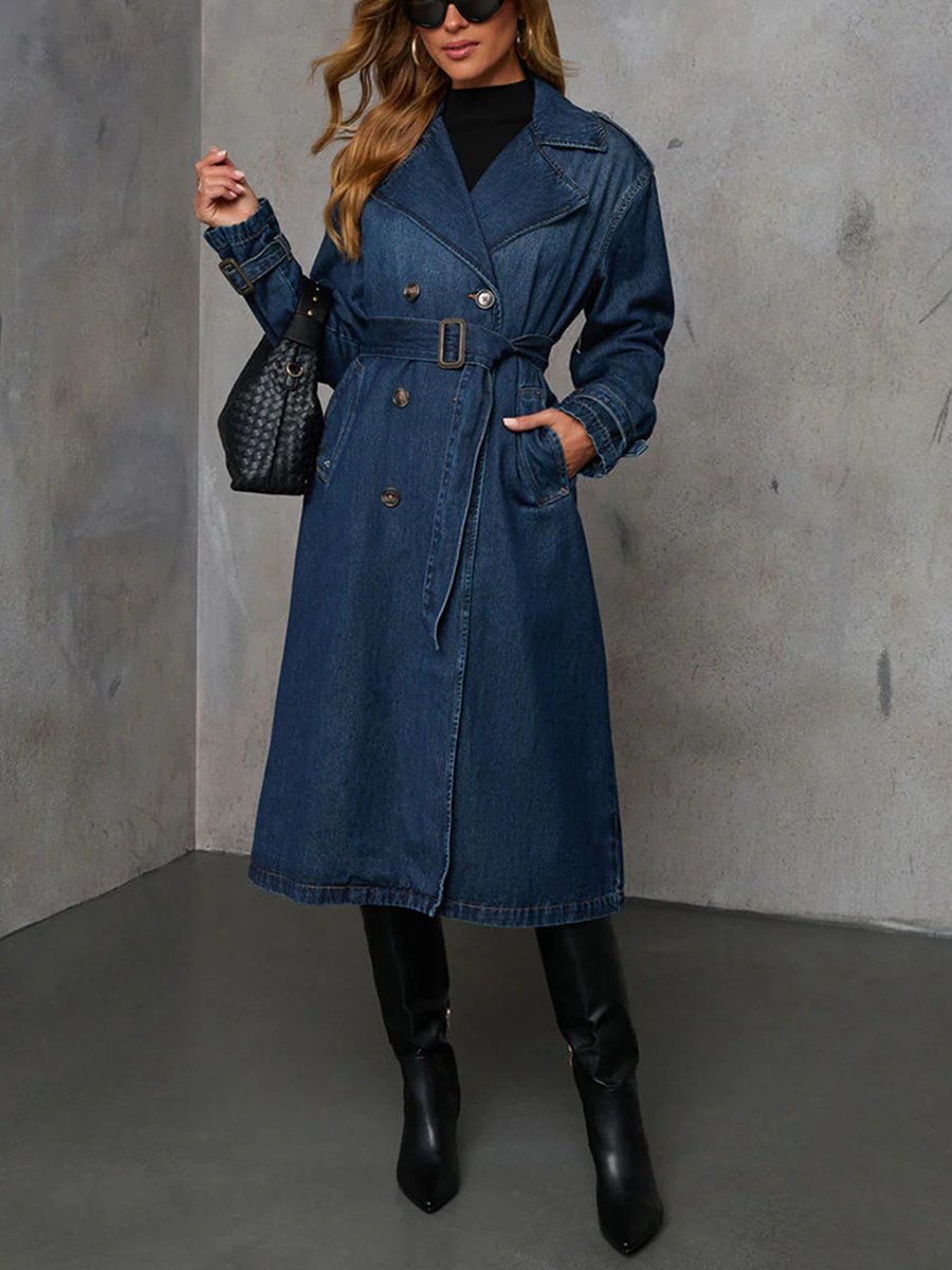 Fashionable Casual Retro Temperament Denim Wide Version Denim Trench Coat