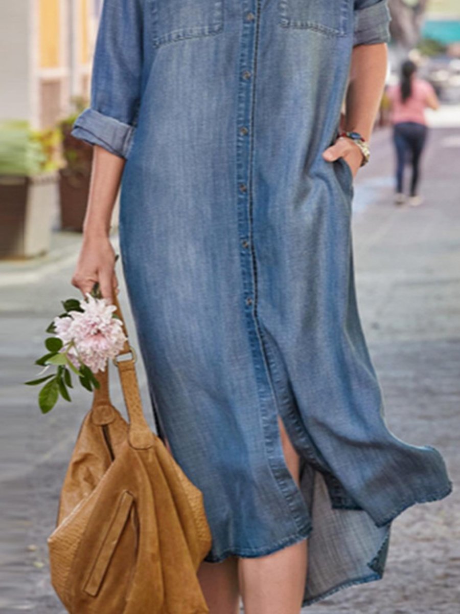 Retro Casual Long-sleeved Shirt-style Loose Cardigan Midi Dress