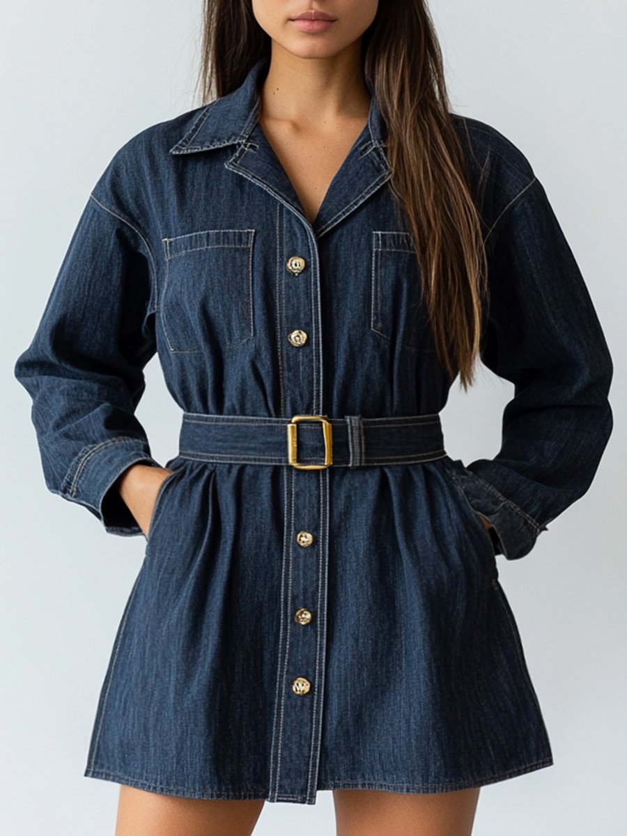 Retro Fashion Lapel Gold Button Pocket Short Denim Shirt Dress