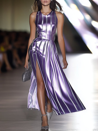 Elegant Purple Striped Printed Satin Maxi Dress