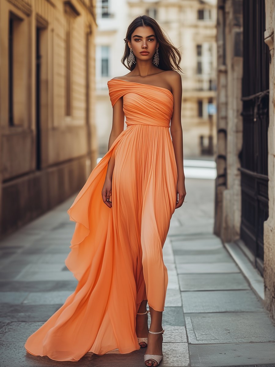 Graceful Off-The-Shoulder Coral Chiffon Maxi Dress