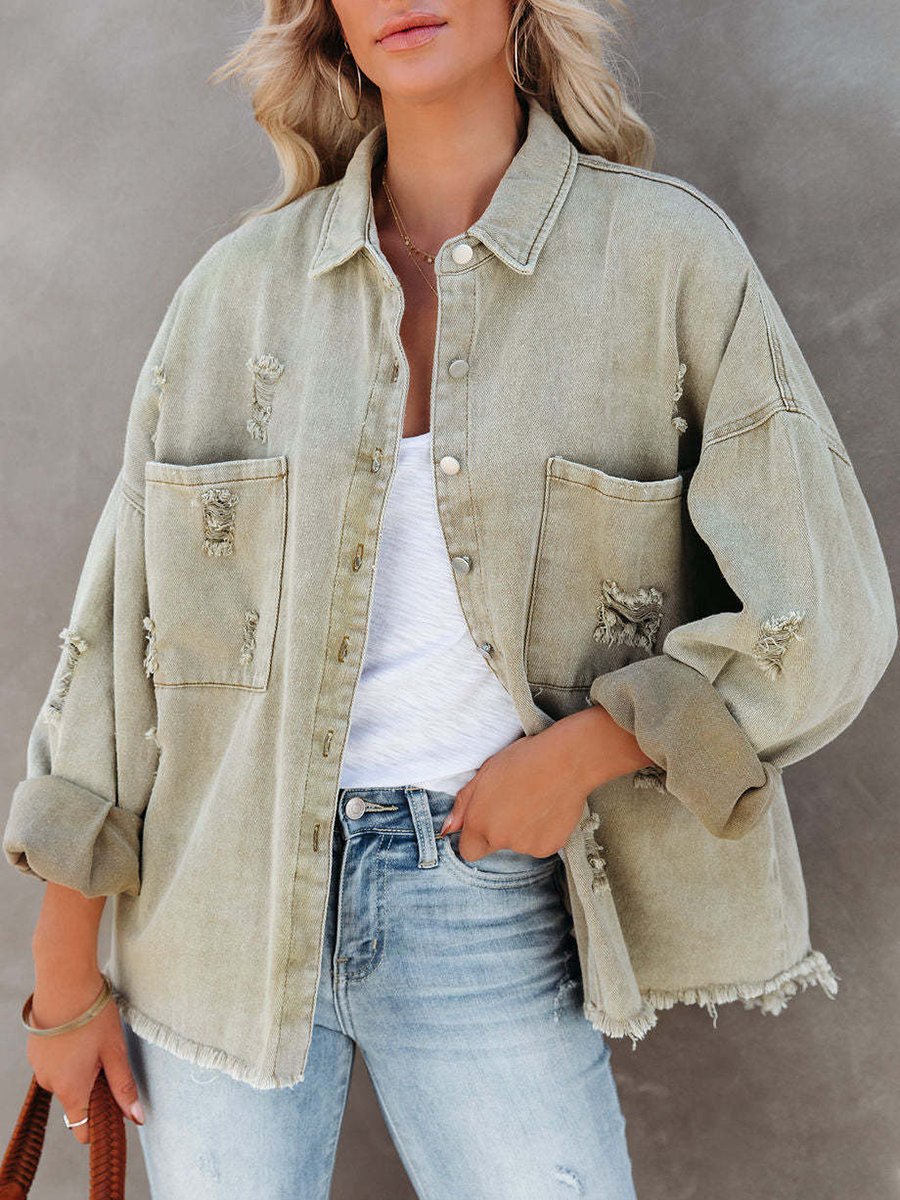 Fashion Retro Street Ripped Raw Edge Denim Jacket