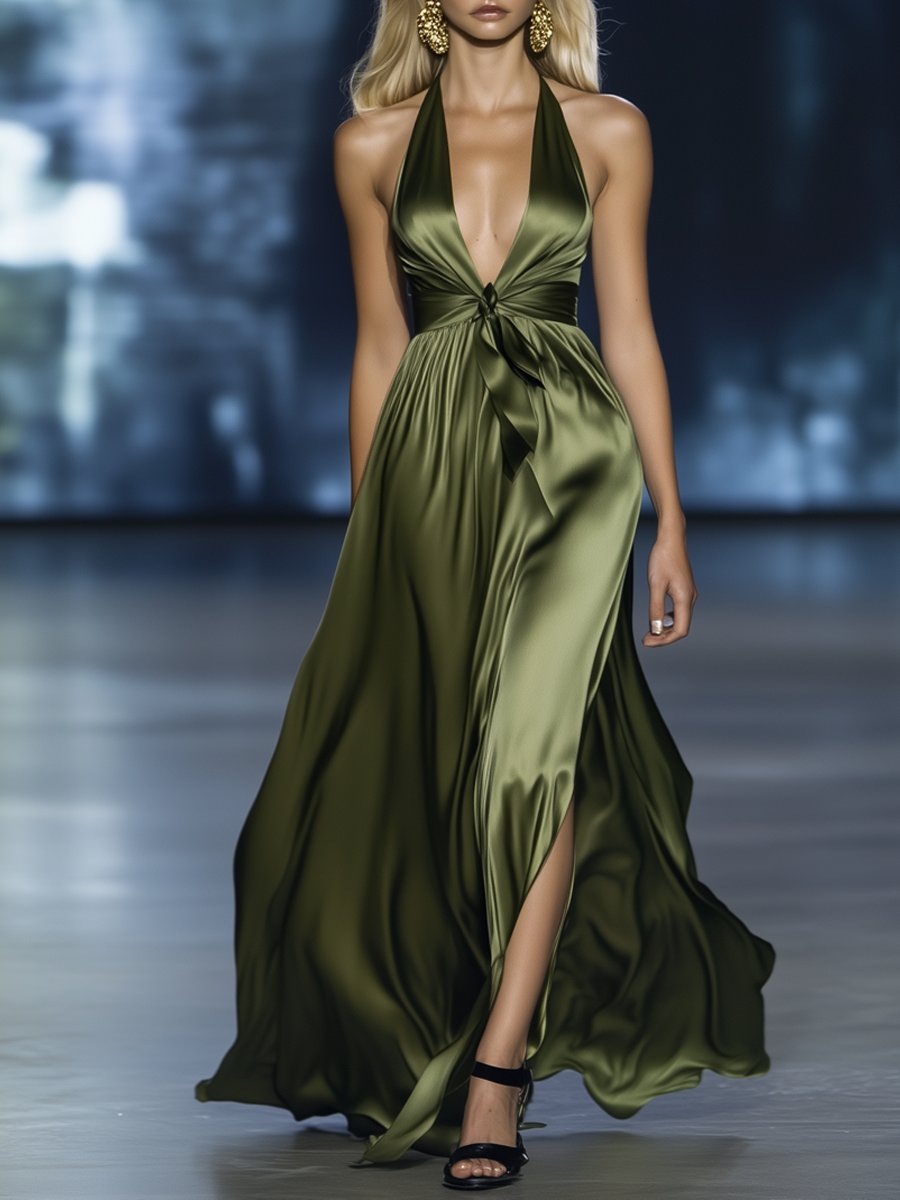 Elegant Dark Green V-Neck Satin Waist Maxi Dress