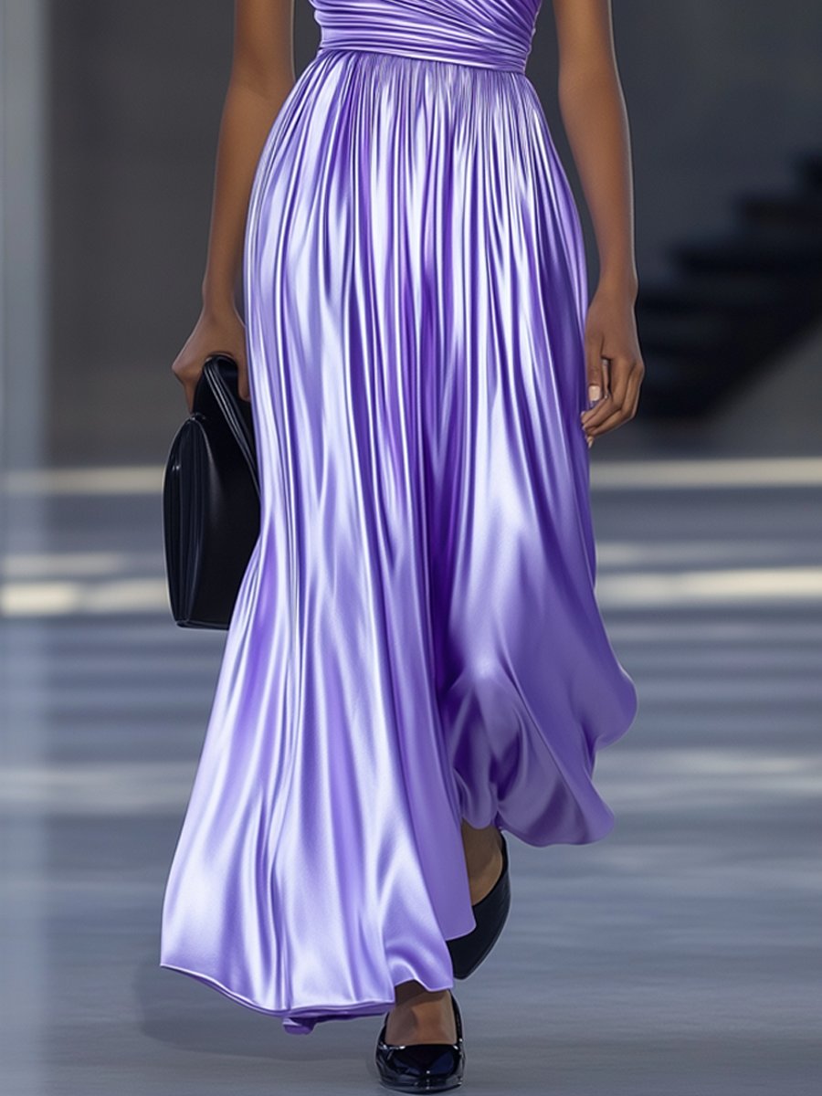 Timeless Elegance: Purple One Shoulder Full Skirt Shiny Satin Maxi Dress