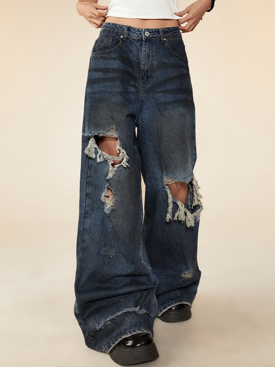 Retro Fashion Ripped Wide-leg Street Jeans