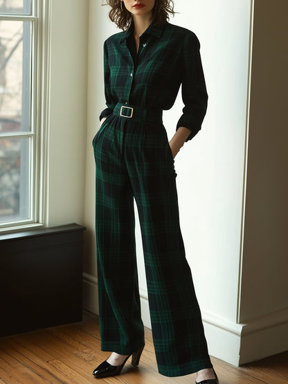 Retro Fashion Lapel Belt Plaid Jumpsuit