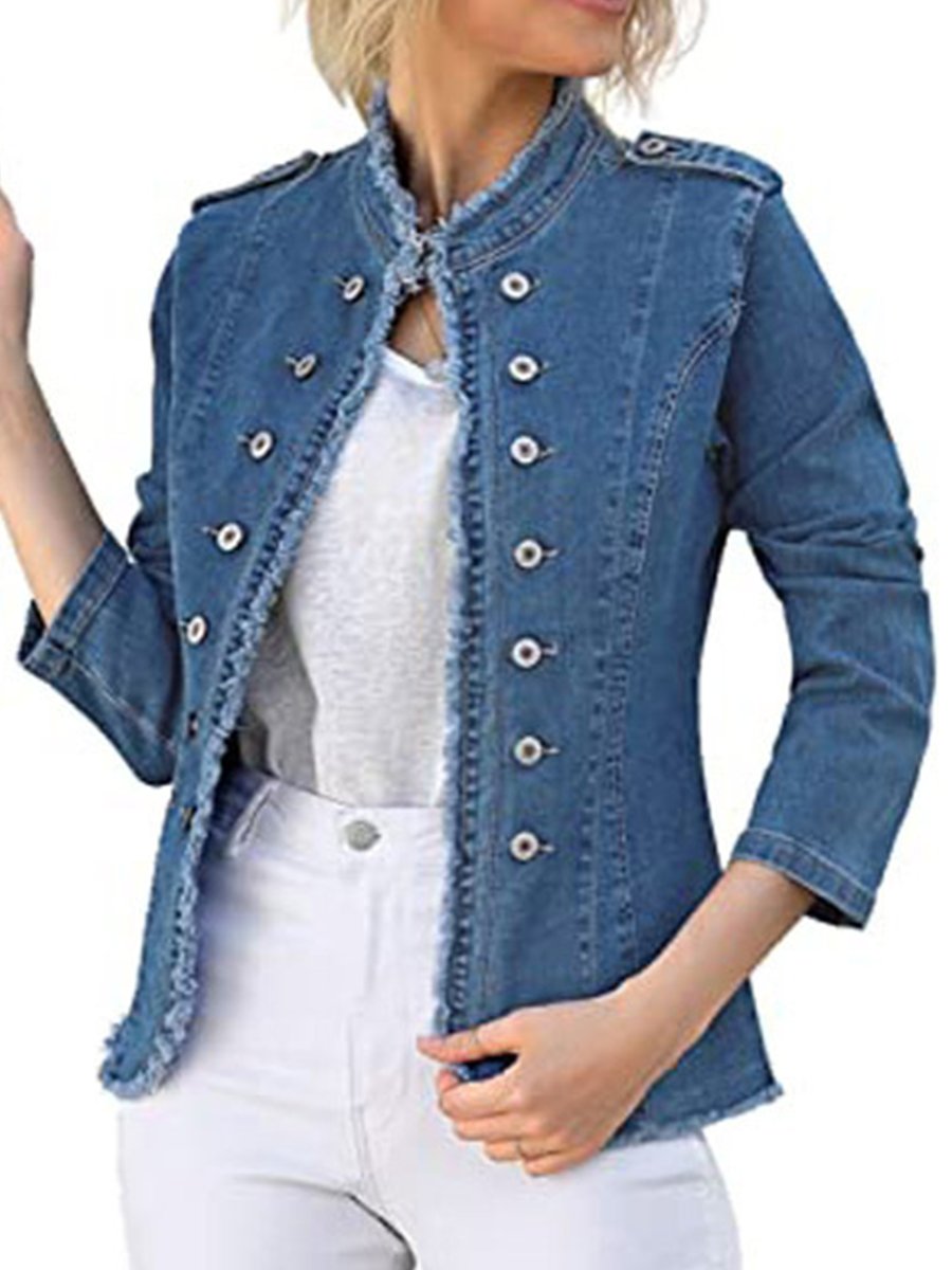 Retro Fashion Whisker Single Breasted Stand Collar Long Sleeve Short Jacket Denim Suit Jacket