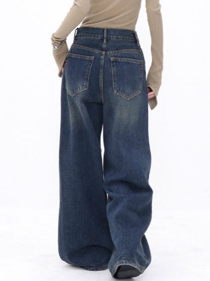 Fashion Retro High Waist Loose Straight Floor-length Wide-leg Jeans