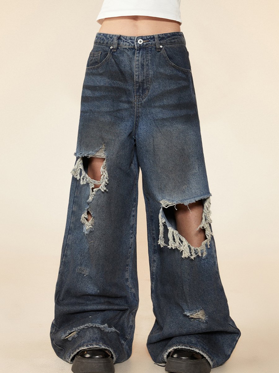 Retro Fashion Ripped Wide-leg Street Jeans