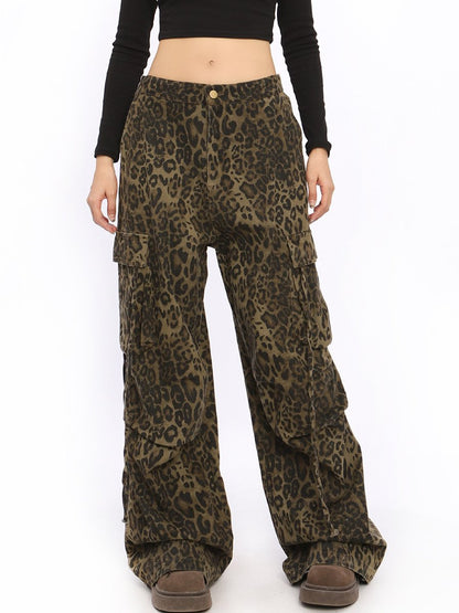 Retro Fashion Street Leopard Print Workwear Wide Leg Casual Pants