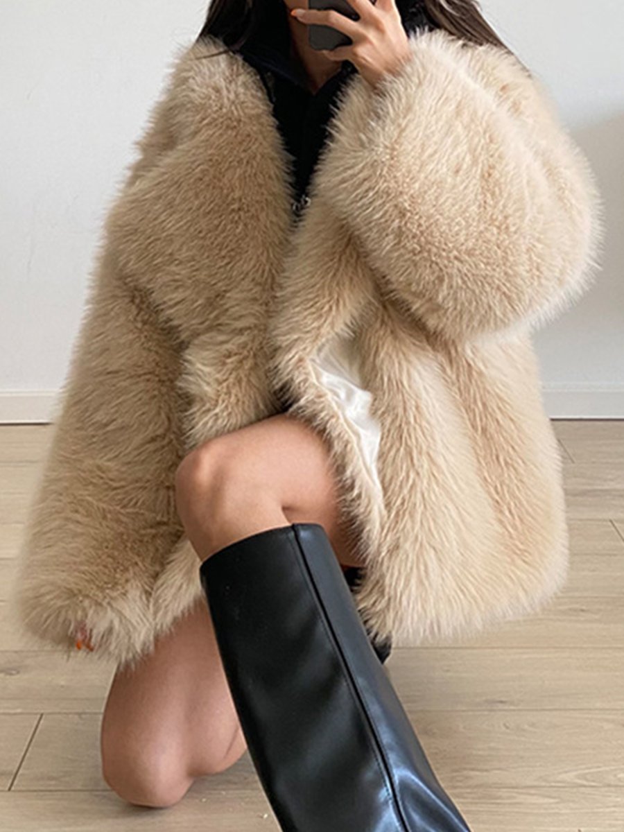 Casual Fashion Lapel Faux Fur Loose Mid-Length Coat