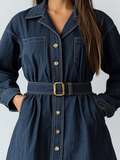 Retro Fashion Lapel Gold Button Pocket Short Denim Shirt Dress