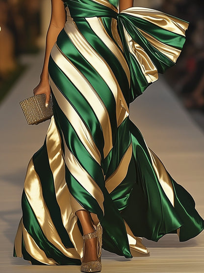 Elegant Striped Sleeveless Emerald Green Twill Printed Big Bow Maxi Dress