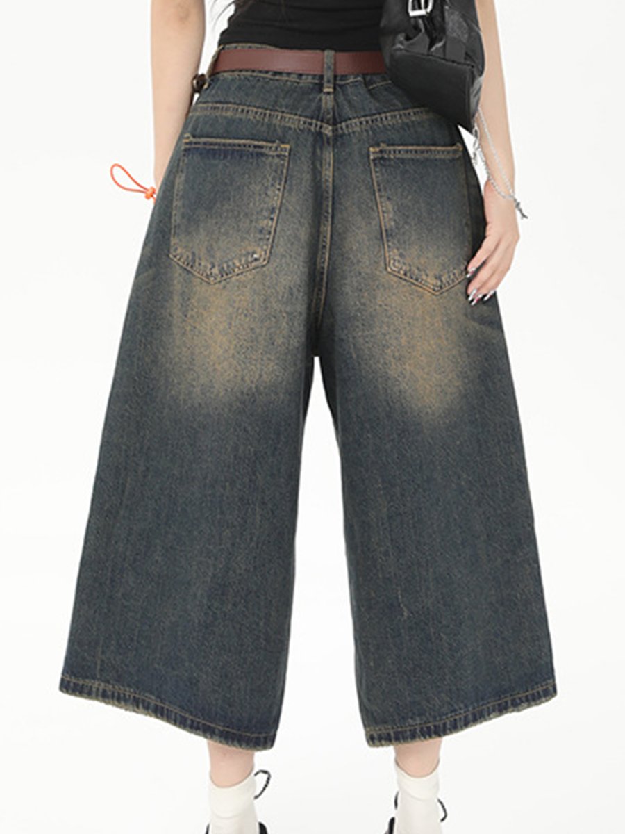 Retro Fashion Wide-leg High Waist Straight Loose 7-point Jeans