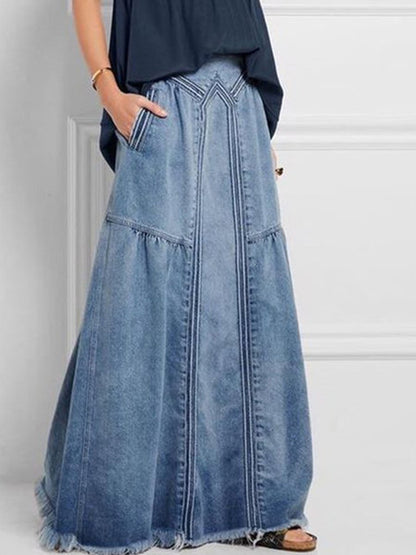 Fashionable Casual Strapped Brushed Elastic High Waist Simple Denim Skirt