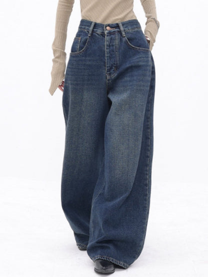 Fashion Retro High Waist Loose Straight Floor-length Wide-leg Jeans