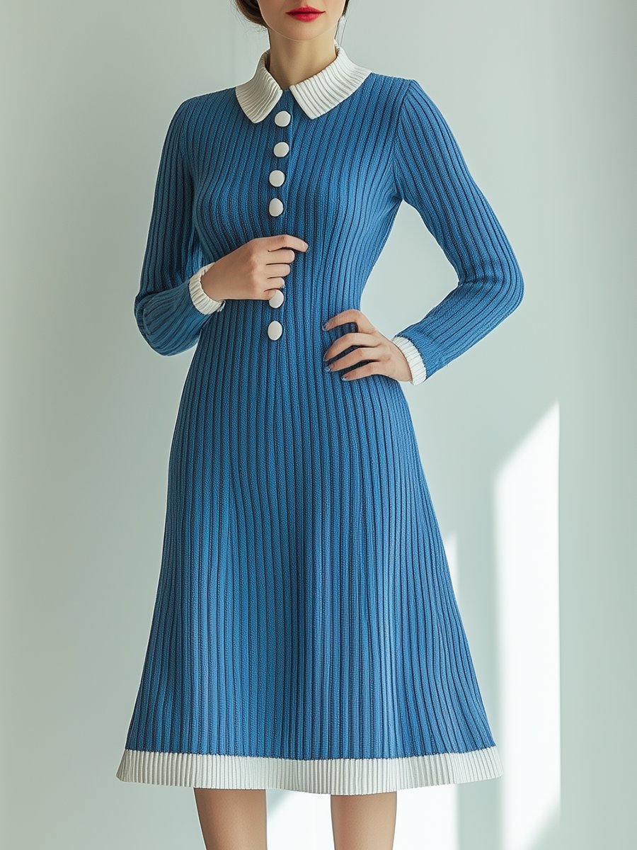 Casual Lapel Button Knit Midi Dress