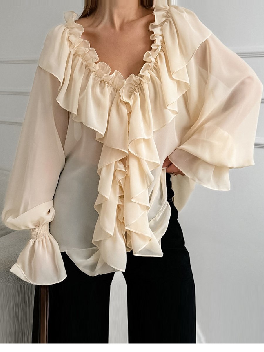 Fashionable Romantic V-neck Flying Sleeve Ruffled Shirt