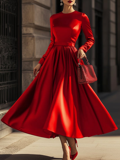 Elegant Satin Round Neck Long Sleeve Maxi Dress