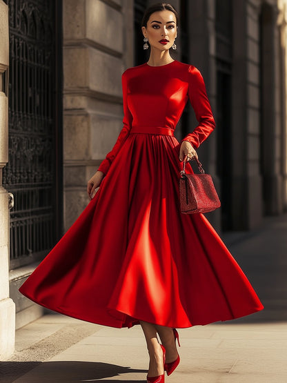 Elegant Satin Round Neck Long Sleeve Maxi Dress