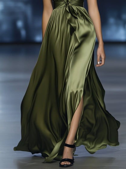 Elegant Dark Green V-Neck Satin Waist Maxi Dress