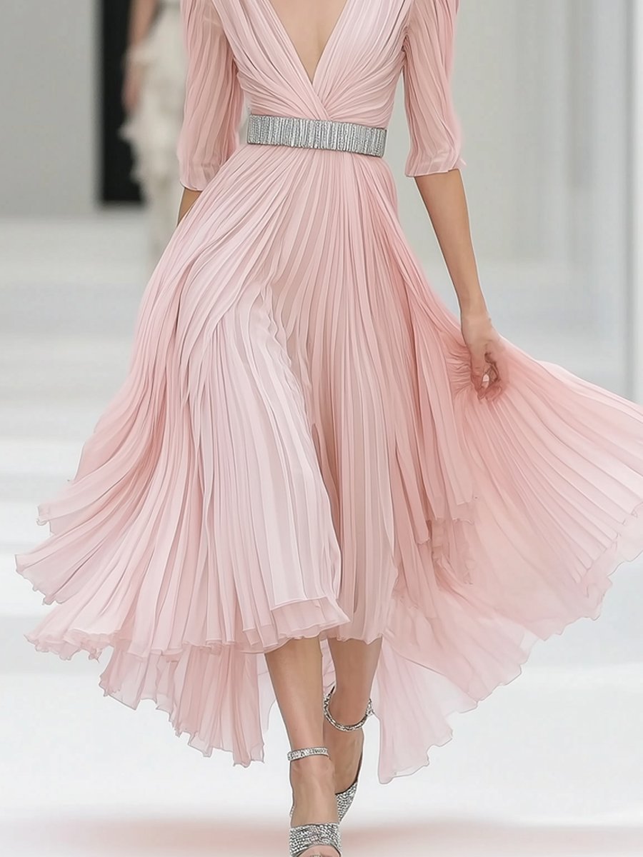 Elegant Pink Tulle V-neck Mid-length Sleeve Maxi Dress