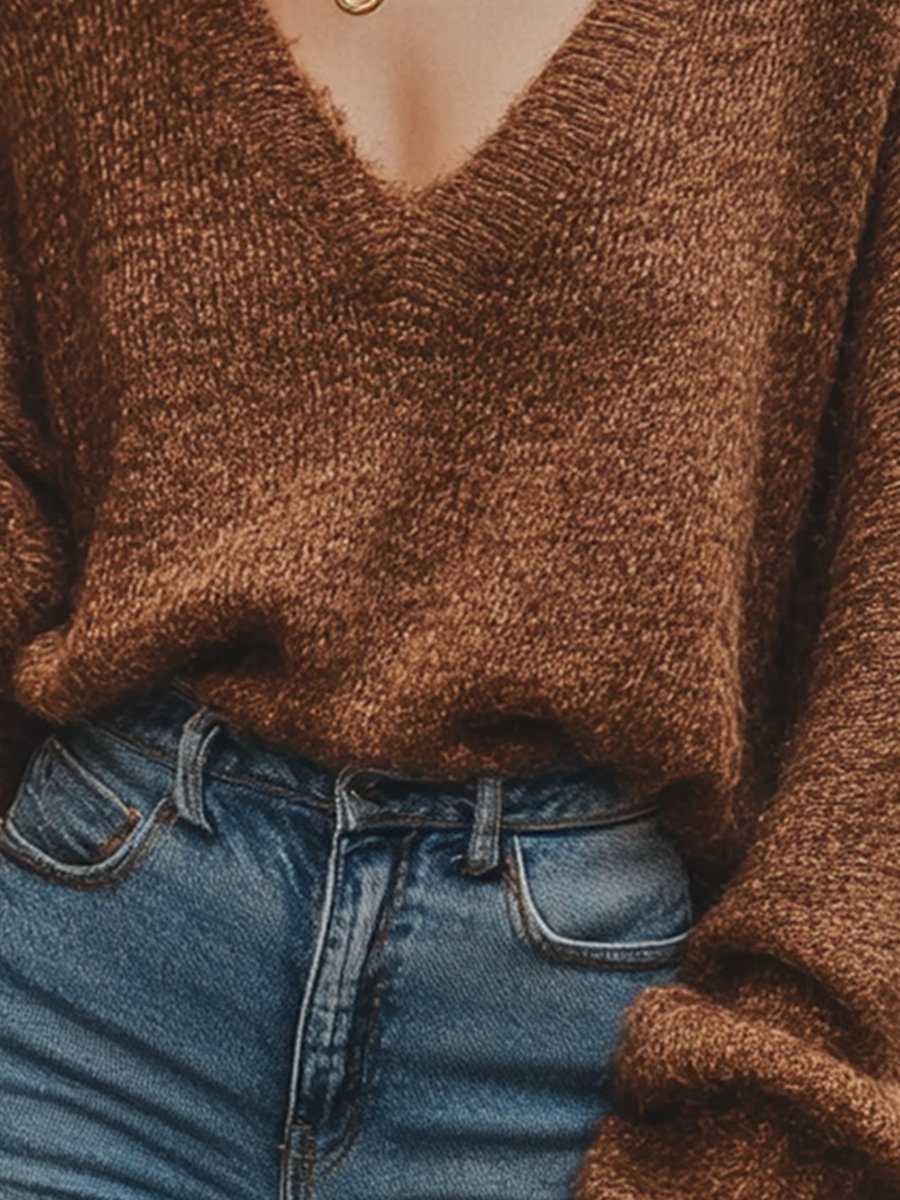 Casual Lazy V-neck Loose Fit Sweater