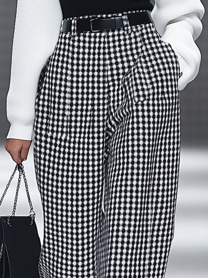 Fashion Retro Houndstooth Pocket Straight Pants